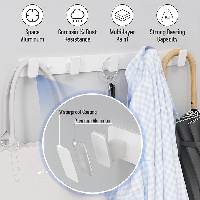 White Coat Rack Wall Hooks for Hanging Heavy Duty Door Hooks with 5 Hooks Key Holder for Wall Hat Rack for Entrance Coat Hook