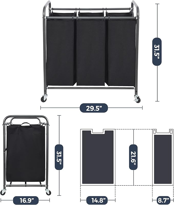 STO STO Laundry Sorter 3 Section, 3 Bag Laundry Hamper, Rolling Laundry Cart, Laundry Basket with Heavy Duty Lockable Wheels and Removable Bag for Clothes Storage, Black