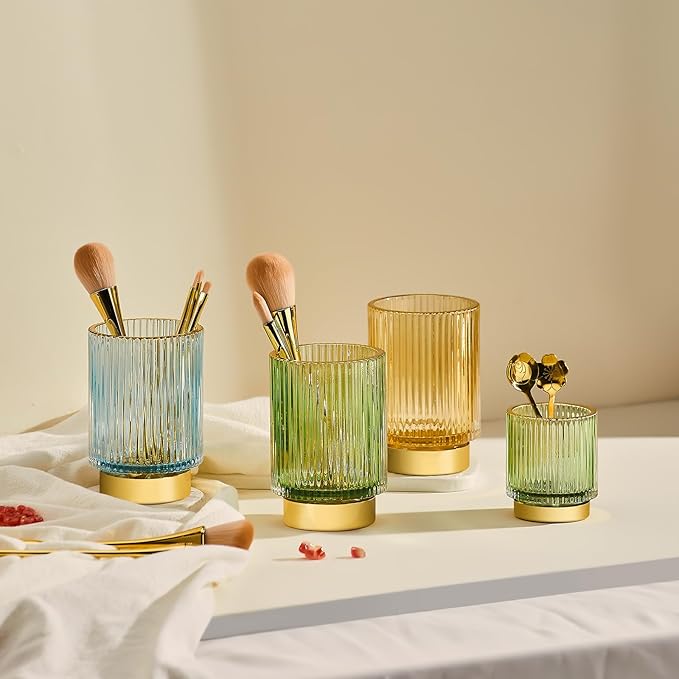 Makeup Brush Holder Organizer,Toothbrush Holders,Desk Pen Pencil Holder,Multifunctional Vintage Glass Brush Cup（L/Green/A3-6-US）