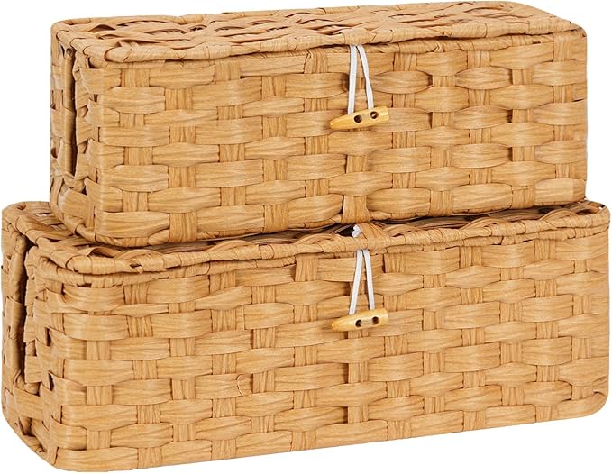 Temary Cable Management Box with Lids, 2-Pack Handmade Cable Organizer Boxes for Home, Office to Hide Cords and Power Strip, Cord Cover Floor Hider Set Woven Rattan Cable Organizer Box