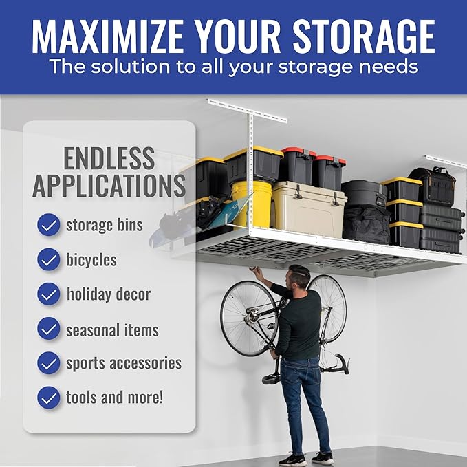 SafeRacks 4x8 Overhead Garage Storage Rack Heavy Duty - White (12"-24") - Holds 600 lb