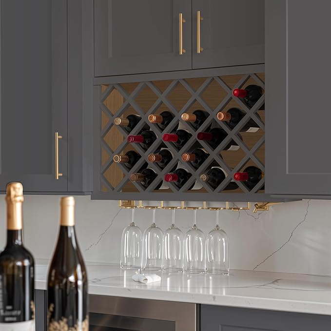 Solid Wood RTA Wine Bottle Rack Wall Cabinet with Lattice Panels - Wine Storage for Bar, Pantry, Cellar & Countertop - Mocha (Pebble Gray, 30'W 12'D 15'H)