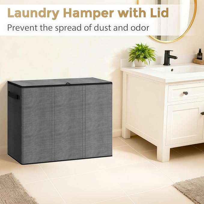 180L Laundry Hamper 3 Section, Large Laundry Basket with Lid, Laundry Basket Organizer with Handles, Grey Divided Laundry Baskets, Clothes Hampers for Laundry, Bedroom, Bathroom