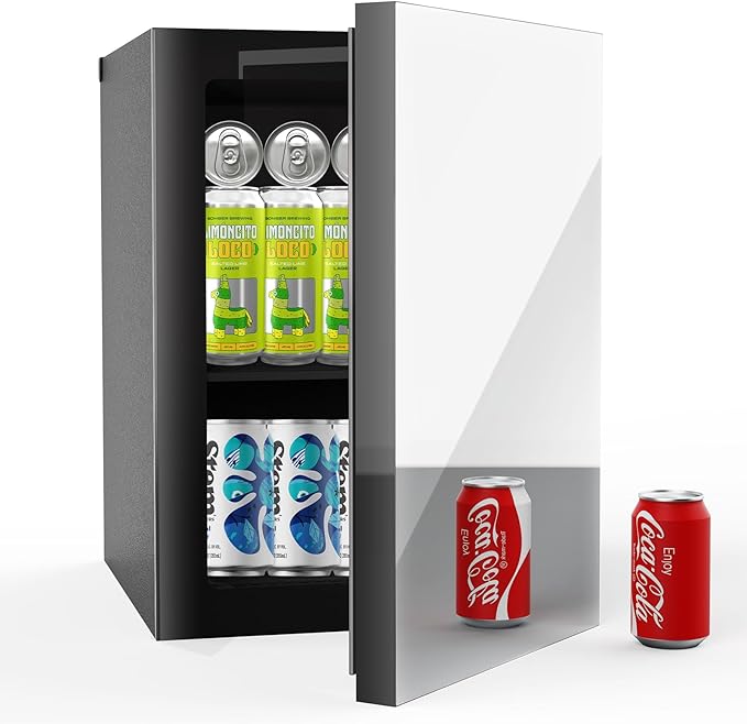 24 Cans/0.9 Cubic Feet Beverage Refrigerator Cooler and Skincare Mini Fridge with Mirrored Front Door & Temperature Control, Countertop Small Fridge for Soda, Beer and Cosmetics, Skincare