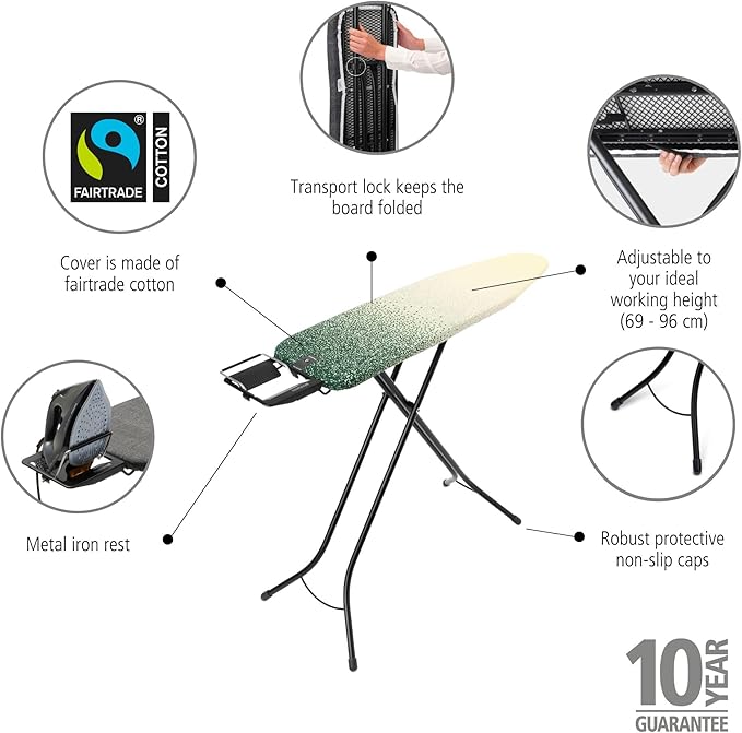 Brabantia Size A Compact Small Ironing Board (43x12 in) 7 Height Options, Adjustable Steam Iron Rest Holder (New Dawn) Non-Slip Feet, Anti-Collapse Child Locks