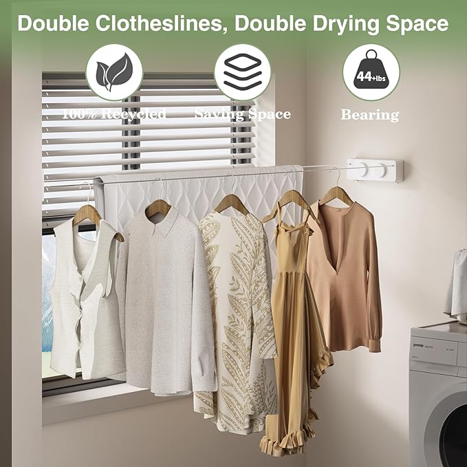 Danpoo Retractable Clothesline, Anti-Sag Adjustable Knob Heavy-Duty Clothes Line for Indoors/Outdoors with 2 * 13.8ft Stainless Steel Wire, Laundry Wall Drying Solutions