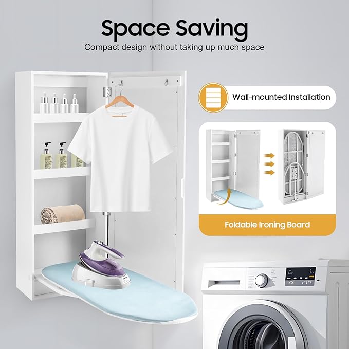 Wall-Mounted Ironing Board Cabinet with Storage Shelves & Door, Built in Foldable Ironing Board, Wall Hanging Ironing Storage Station for Bedrooms Laundry Rooms Apartments Small Spaces