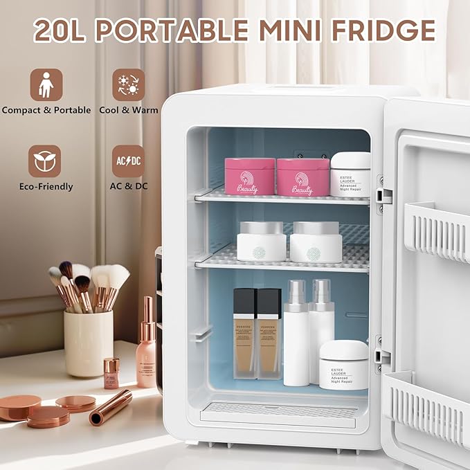 advwin 20L Mini Skincare Fridge with Dimmable LED Light Mirror, Makeup Fridge for Cooler & Warmer, Cosmetics, Beauty, Food & Drinks, Portable Small Refrigerator for Bedroom, Office, Dorm (20L white)