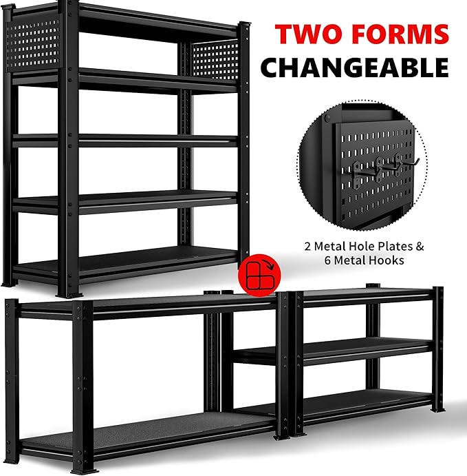 SILVEL 48.2" W Garage Shelving, 5000LBS Heavy Duty Metal Shelving, 2025 Solid Storage Shelves with 2 Side Pegboards, Industrial 5 Tier Shelves for Basement Pantry Warehouse Supermarket, 8 Pack