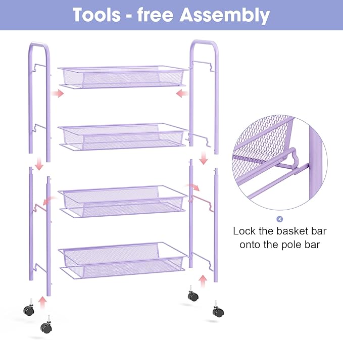 TOOLF 4-Tier Rolling Cart, Metal Utility Cart with 3 Hooks, Easy Assemble Mobile Storage Trolley On Wheels, Metal Shelving Units Kitchen Bathroom Laundry Room