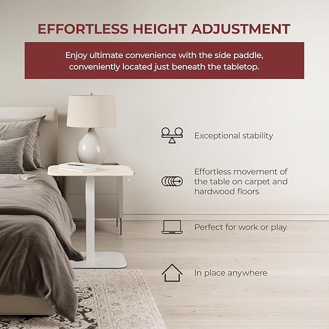Elevance Height Adjustable Side Table, Versatile Accent for Home or Office, Effortless Adjustable Height with Precision Engineering for Superior Stability (White Base Washed Oak Top)