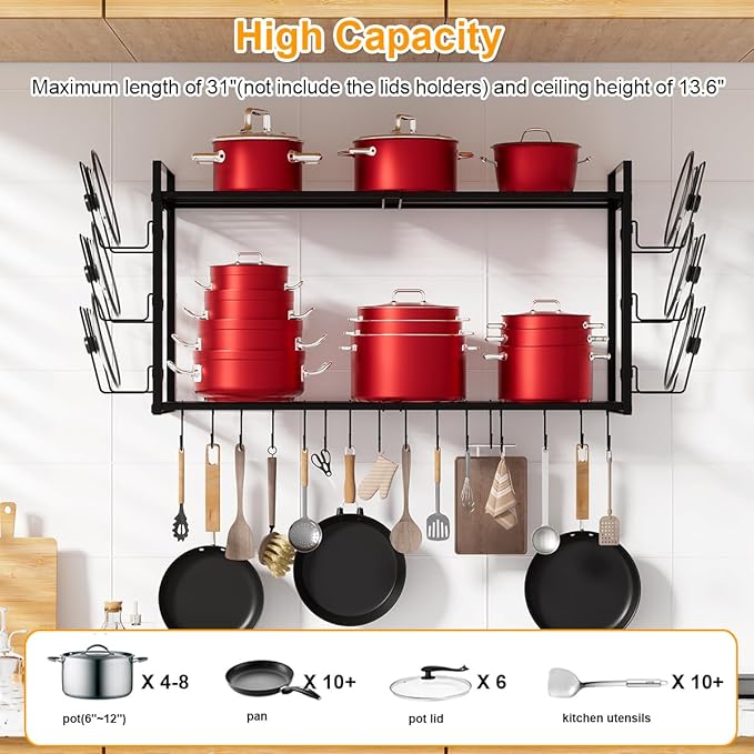 31 Inch Pot Rack Wall Mounted, 2-Tier Hanging Pots and Pans Organizer Expandable Heavy Duty Kitchen Shelves with 6 Pot Lid Holders and 12 Hooks for Kitchen Cookware Utensils Storage