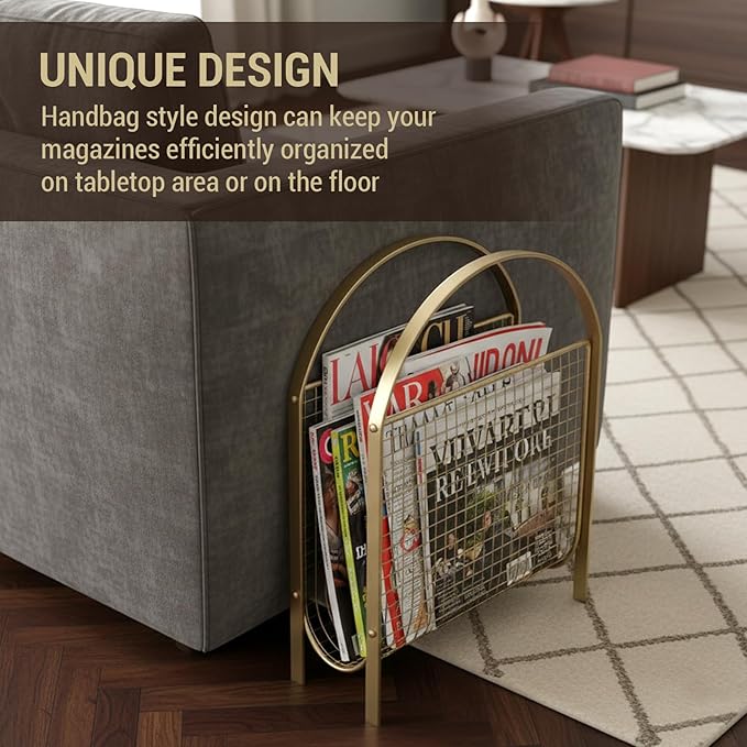 MyGift Mid-Century Design Magazine Rack, Matte Black Tone Metal Mesh Freestanding Magazine Organizer Holder Sling (Brass)