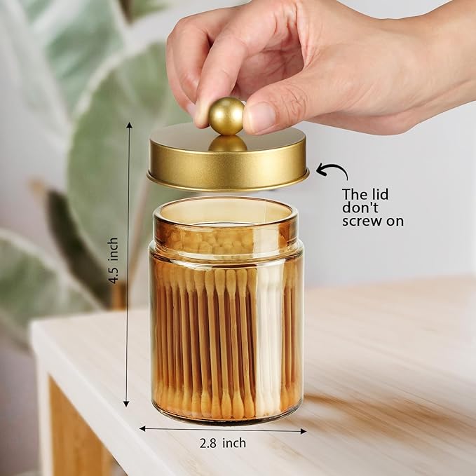 Amolliar Bronze Glass Apothecary Jar With Metal Lid & Stickers, Bathroom Qtip Dispenser Storage Canister, Perfect for Cotton Balls, Cotton Swabs, Makeup Pads, Bath Salt, Floss, 1 Pack(Gold)