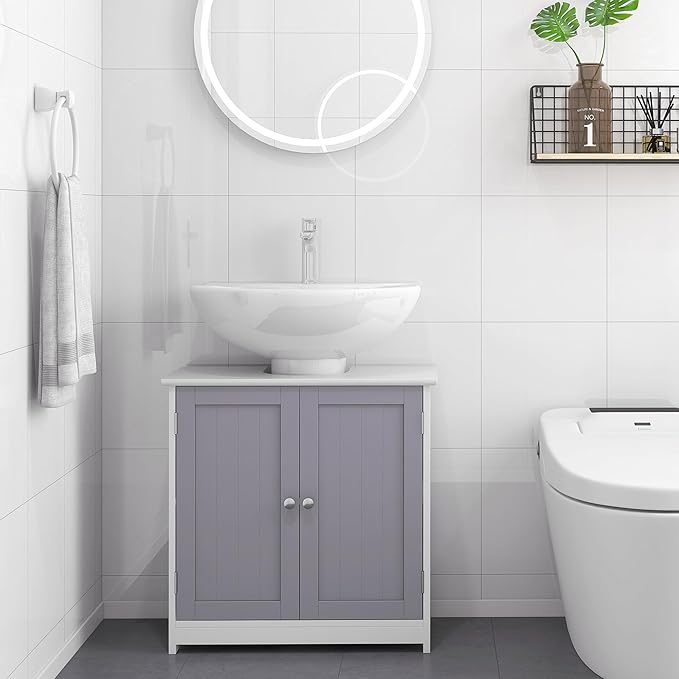 kleankin 23.5" Pedestal Sink Storage Cabinet, Freestanding Bathroom Under Sink Cabinet with U-Shape Cut-Out and Adjustable Shelf, White and Gray