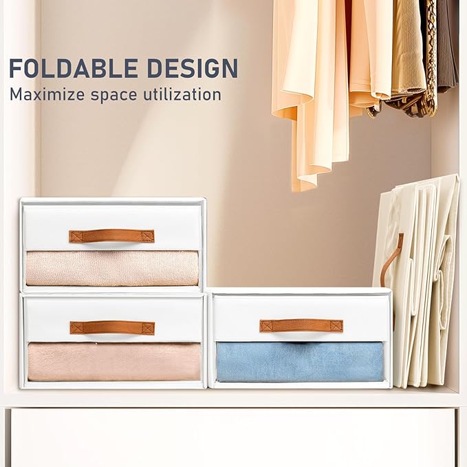DIMJ Closet Organizers and Storage - Fabric Bins with Drawers for Closet Foldable Clothes Organizers with Clear Window, Stackable Storage Drawers Units for Bedroom, Living Room, 4-Pack, White