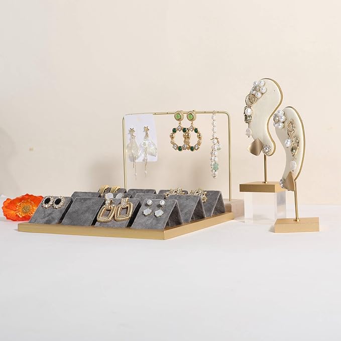 GemeShou Golden coated earring display stand for selling, velvet stud earring holder for jewelry display, Jewlery earring storage organizer tray, studs holder jewelry organizer【Earring holder-Grey】