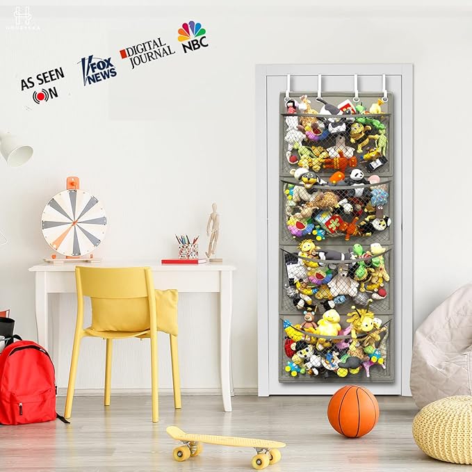Honeyera Storage for Stuffed Animal - Over Door Organizer for Stuffies, Baby Accessories, and Toy Plush/Easy Installation with Breathable Hanging Pockets (Gray)