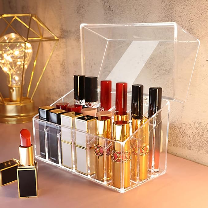 Lipstick Holder 18 Spaces Lipgloss Organizer With Lid, 3 Rows - Nail Polish Organizer Makeup Holder & Cosmetics Storage Display