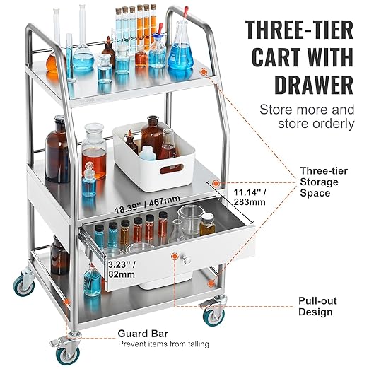 VEVOR Stainless Steel Utility Cart with 3 Shelves & 1 Drawer, 360 Swivel Casters, 220lbs Capacity