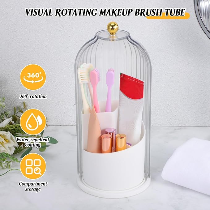 Rotating Makeup Brush Holder With Lid : Makeup Organizer For Vanity Dustproof Cosmetic Brush Organizer For Home Use, White, 9. 84 X 4. 92 X 4. 92 Inches