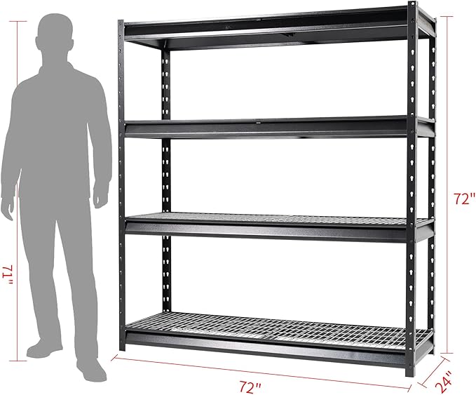 The Atlas 72" W Heavy Duty Garage Shelving Load 8000 Lbs, 4 Tier Metal Storage Shelves, Adjustable Industrial Steel Rack for Warehouse Basement Shop, 72" W x 24" D x 72" H, Black