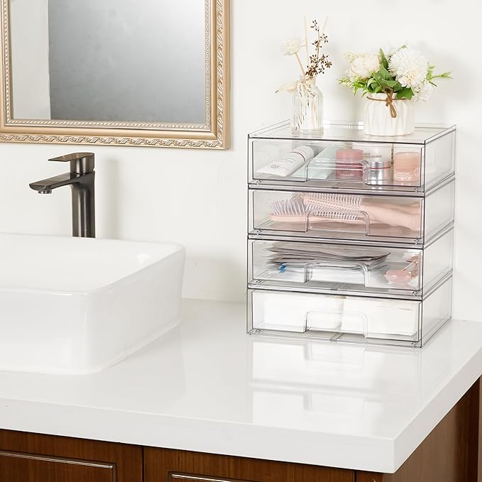 Vtopmart 12.1''W Clear Stackable Storage Drawers,8 Pack Acrylic Plastic Organizers Bins for Makeup Palettes, Cosmetics and Beauty Supplies,Ideal for Vanity, Bathroom,Cabinet,Desk Organization