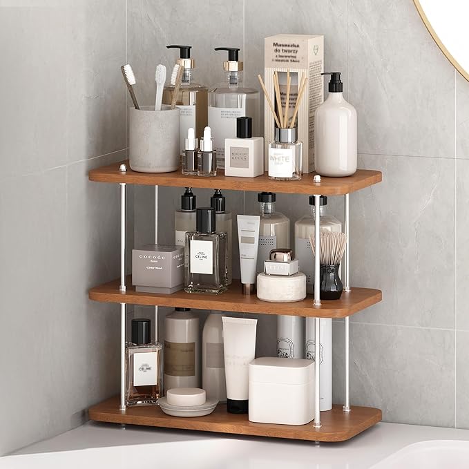 Bathroom Counter Organizer,Spices Organizer,Kitchen Countertop Organizers,Restroom Organizers,Shelf for Bathroom Counter,Cologne Stand,Adjustable Partition Height(Brown 3 Tier)