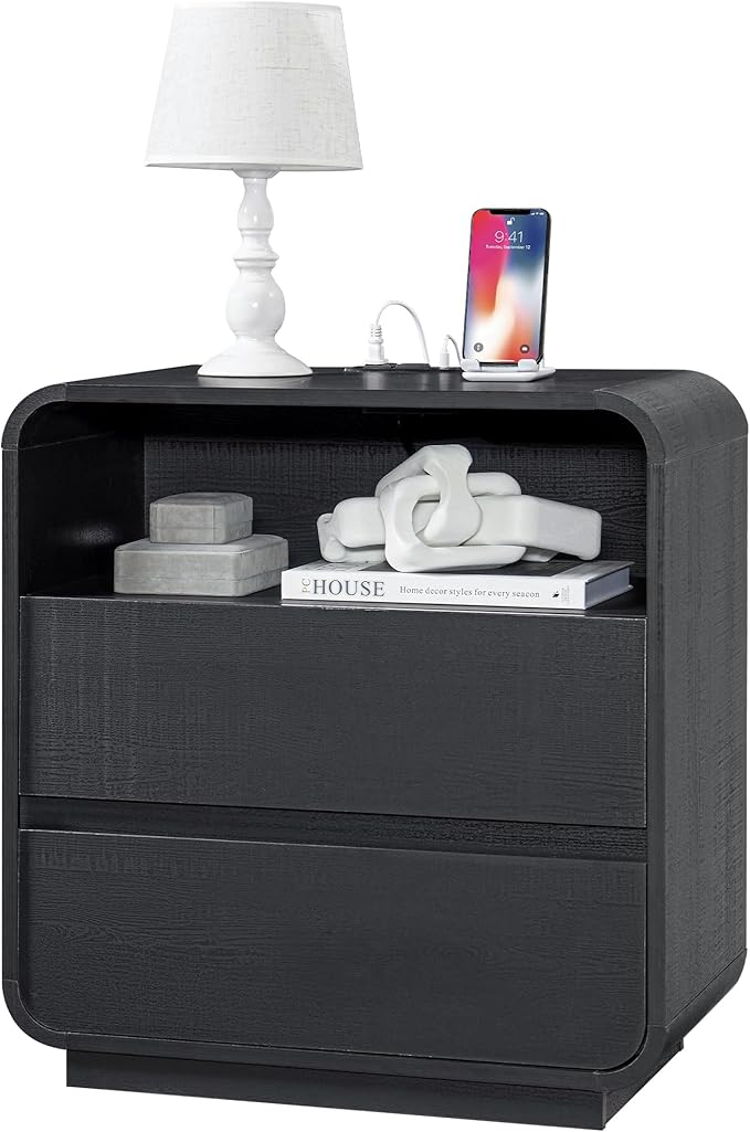 Black Nightstand with Charging Station, 25" Tall Wood Bedside Table, Modern End Table with 2 Storage Drawers, Curved Profile, Mid Century Night Stand for Bedroom, Dorm, Sofa, Office