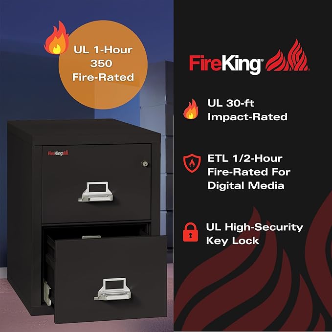 FireKing Vertical 2 Drawer Letter Fire Safe File Cabinet with Key Lock, 1 Hour Fire Rated, UL Rated & Water Resistant Home Safe, Made in The USA, Black