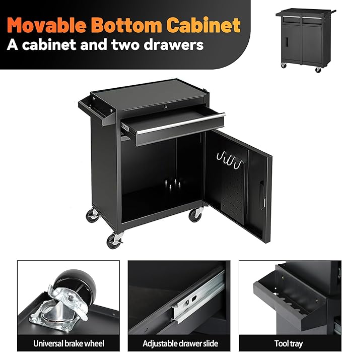 5-Drawer Rolling Tool Storage Chest Cabinet with Detachable Top Tool Box, Liner, Universal Lockable Wheels,37.6"x 20.7"x 11" Expandable, Locking Mechanism, Metal Tool Cart for Garage Workshop