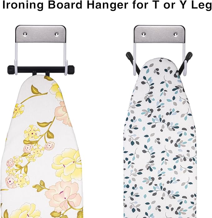 Ironing Board Hanger Wall Mount, Ironing Board Holder for Y or T Shaped,Stainless Steel Wall Hook Iron Board Holder for Laundry Rooms with 2 Hooks (White)