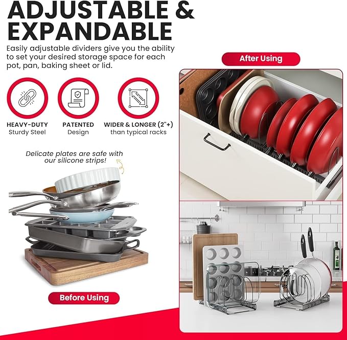 Better Things Home 12+ Expandable Pan and Pot Lid Organizer Rack for Cabinet, Pot Lid Holder Pot Organizers Inside Cabinet, Pots and Pans Organizer Under Cabinet (Dark Grey, PAN & BAKEWARE)