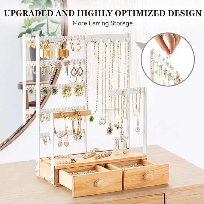 DreamGenius Jewelry Organizer Stand with 2 Velvet Ring Holder Drawers, 5 Tier Jewelry Holder Organizer with 11 Hooks for Necklaces and 145 Holes for Earrings, White