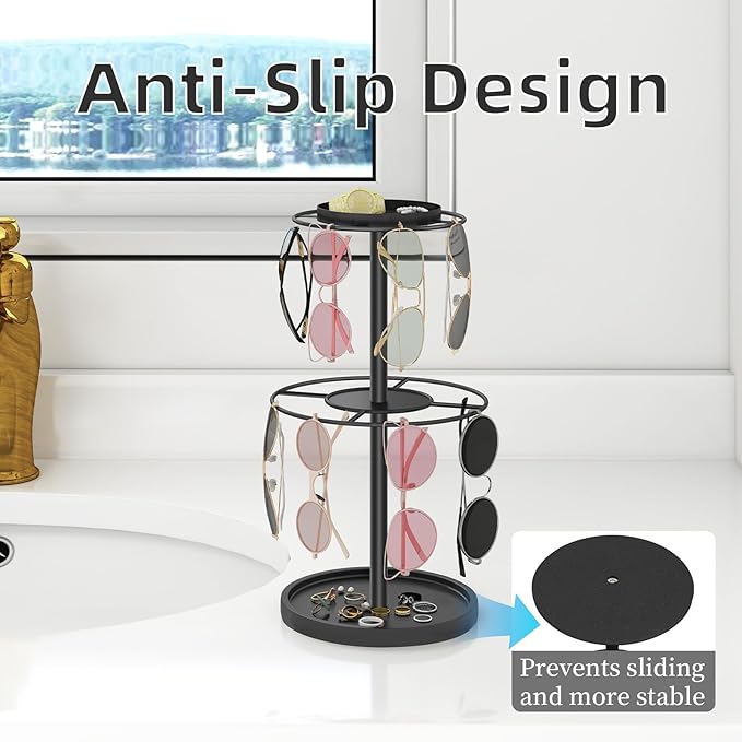 LSK 2 Tier Metal Sunglasses Organzier, Glasses Holder Stand with Storage Trays, Sunglasses Organizer Storage with Anti-Slip Pads for Tabletop, Desk, Dresser, Black