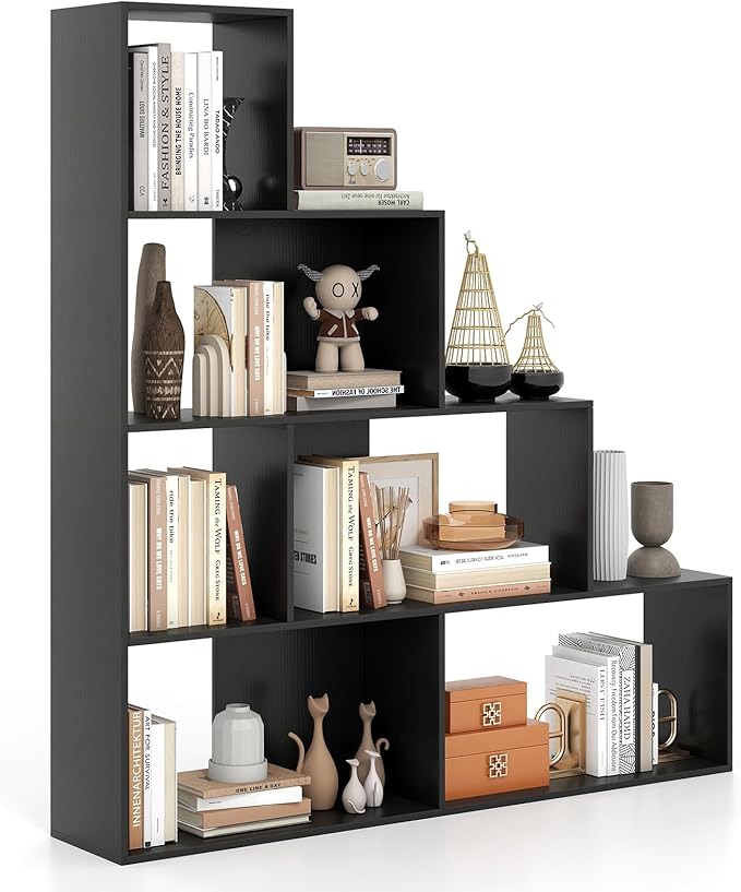 Tangkula 4-Tier Stepped Bookshelf, Freestanding 6 Cubes Ladder Bookcase with Anti-Tipping Kits, 64" Tall Modern Wooden Storage Display Rack for Home Office Living Room Study (1, Black)