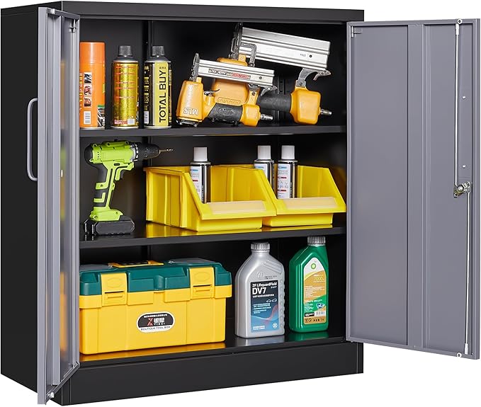 SISESOL Metal Storage Cabinet with Doors and Shelves,Garage Storage Cabinet with Lock,Black Grey Metal Cabinets with Locking Doors,Steel Cupboard for Home,Office,Garage Cabinets 36" H