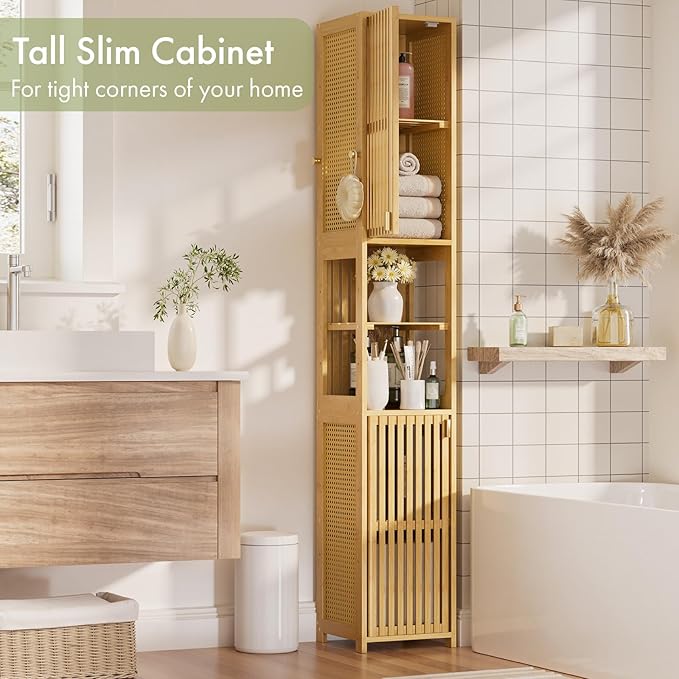 Amazer 70'' Tall Bathroom Storage Cabinet Bamboo, Slim Storage Cabinet with Rattan Door and Adjustable Shelves, Narrow Freestanding Organizer for Living Room, Kitchen, Natural Color