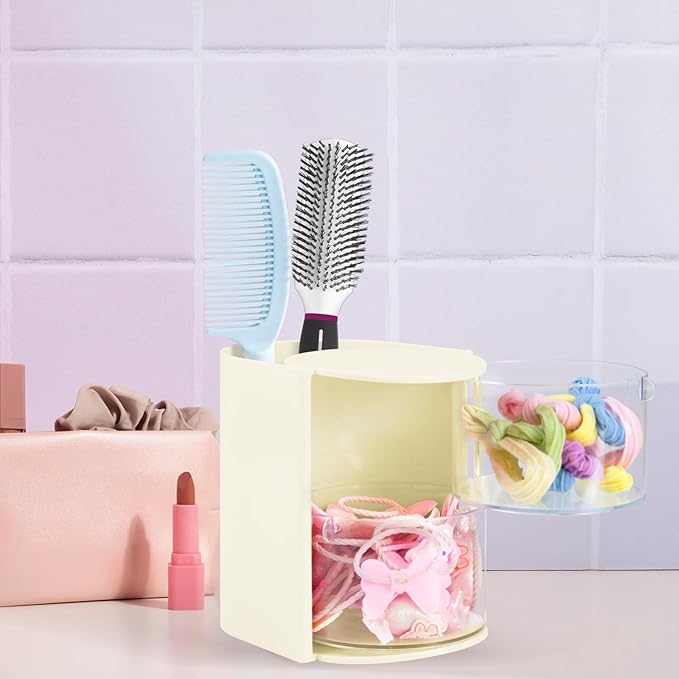 Hair Accessories Organizer with Hair Brush Holder, Rotatable Makeup Brush and Jewelry Storage Box for Hair Clips, Earrings, Necklaces, Bracelets, Rings, and Daily Accessories (Off White,2-Layer)