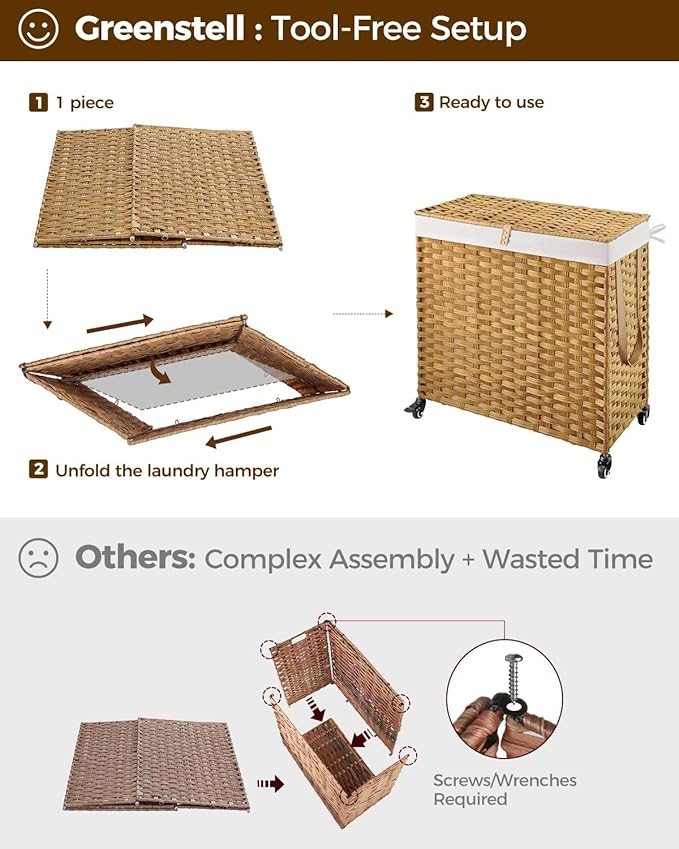 Greenstell Laundry Hamper with Wheels&Lid, 130L Large 3 Sections Clothes Hamper with 2 Types Removable Liner Bags, 5 Mesh Laundry Bags, Handwoven Divided Laundry Basket for Clothes, Natural