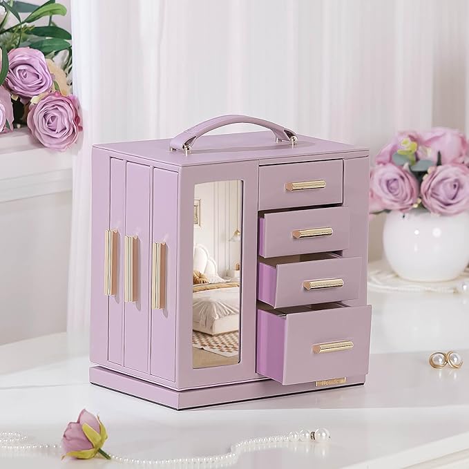 Homde Christmas Gifts Jewelry Box 360° Rotating, Necklace Earring Organizer with Transparent Window, Mirror, 7 Drawers, Large Ring Display Storage Case for Girls Women (Grey Purple)