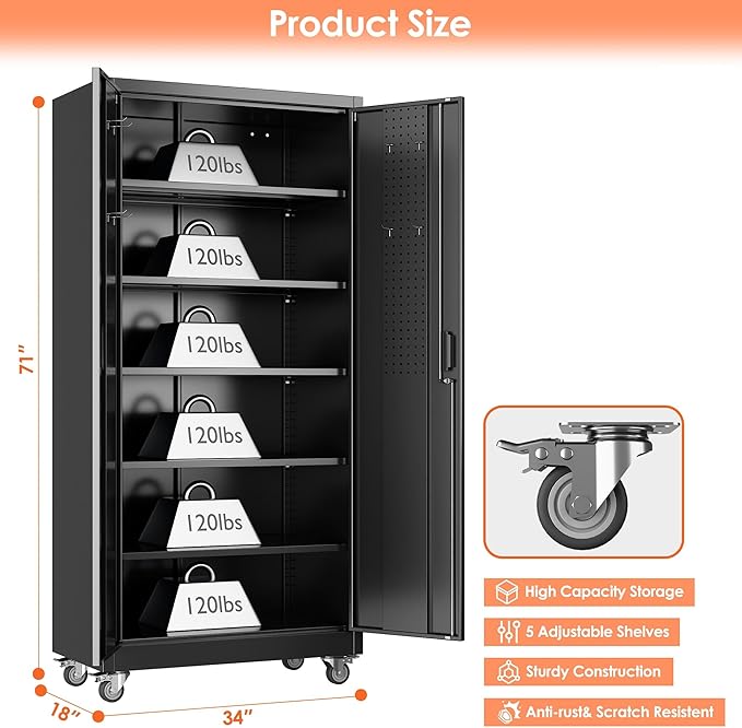 Aobabo 71" H×34" W×18" D Garage Storage Cabinet with Wheels, Metal Locking Storage Cabinet with 4 Hooks and 5 Steel Shelves for Garage, Home Office, School, Assembly Required, Black