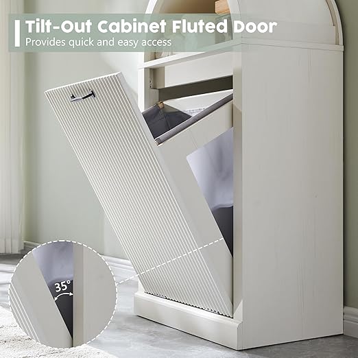 Arched Tilt-Out Trash Can Cabinet, Fluted 10 Gallon Trash Can with Open Shelf, Modern Laundry Hamper Cabinet, Hidden Garbage Can with Storage Basket for Kitchen, Living Room, White