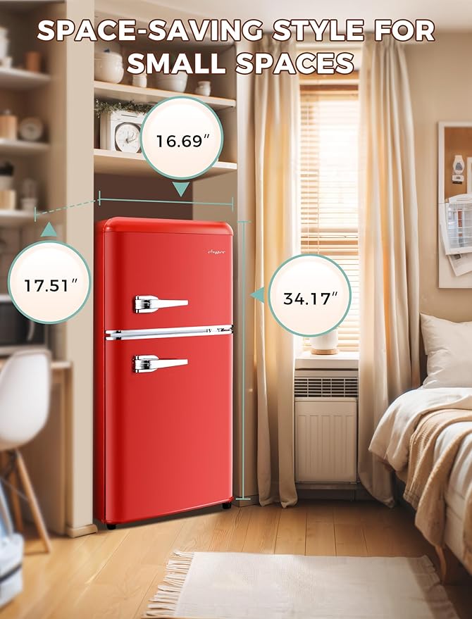 3.2 Cu.Ft Retro Fridge with Freezer, Double Door Refrigerator with 7 Level Thermostat, Low Noise, Adjustable Removable Glass Shelves for Bedroom Office Apartment Dorm Bar, Red