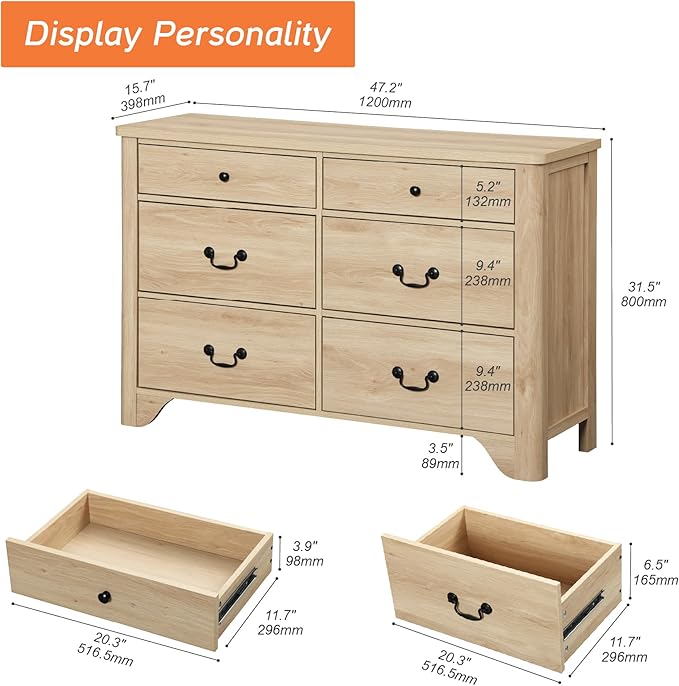 WAMPAT Dresser for Bedroom with 6 Drawers, 47.2" Wide Farmhouse Dressers Chests of Drawers with Curved Profile Design, Wood Closet Organizer for Bedroom, Hallway, Oak