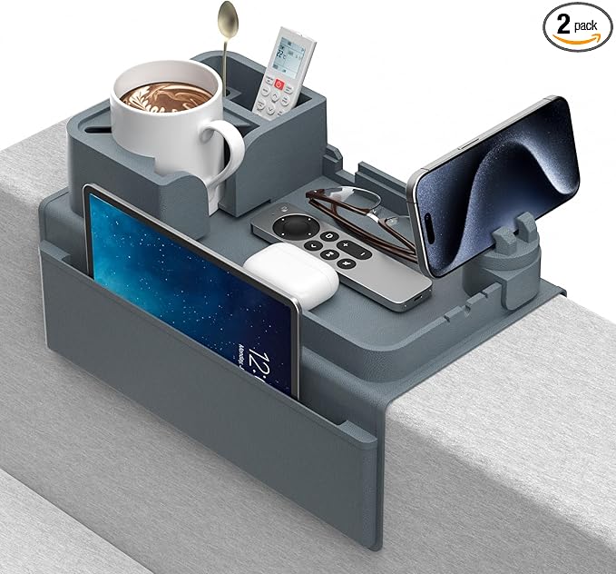 Couch Arm Cup Holder CLESOO Couch Arm Tray Anti-Slip Couch Cup Holder Silicone Sofa Armrest Tray Dual Side Pocket Couch Drink Holder Sofa Caddy Arm Remote Holder Snack Caddy with Phone Holder Blue