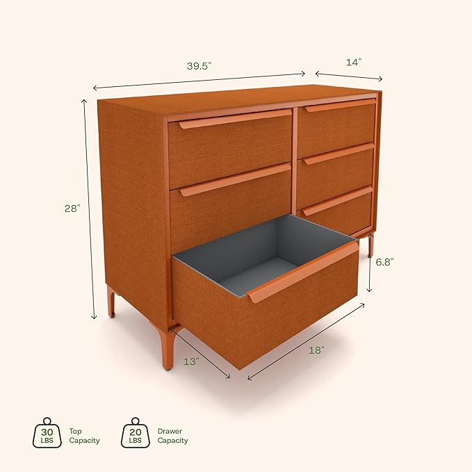 Naima Premium Fabric Dresser - Strong Metal Frame, 6 Spacious Sag-Proof Drawers with Sleek Metal Handles - Premium & Durable Storage Solution for Your Home (Orange)