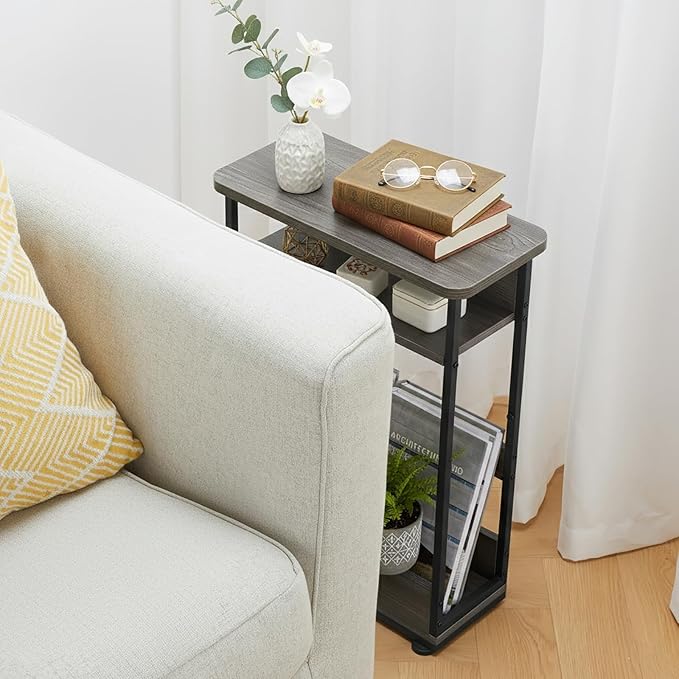 Vintage Narrow Side Table with Storage Shelf, 3 Tier Slim End Table Modern Sofa Table for Narrow and Small Spaces, 24.6 Inch Height Bedside Table Nightstand (Grey, Large)