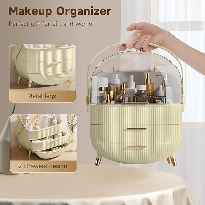 Makeup Organizers, Make Up Organizer for Vanity, Countertop Cosmetic Storage with Drawers and Transparent Cover for Bedroom Bathroom, Maize-yellow