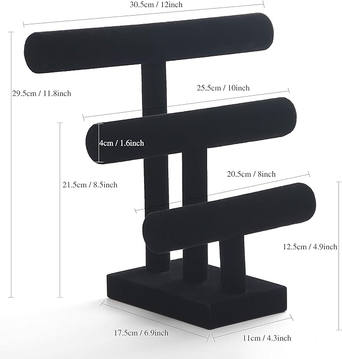 Wuligirl 3 Tier Bracelet Holder T-Bar Jewelry Stand Velvet Jewelry Holder Jewelry Display Bangle Organizer Storage Holder Velvet Black (3T Bar)